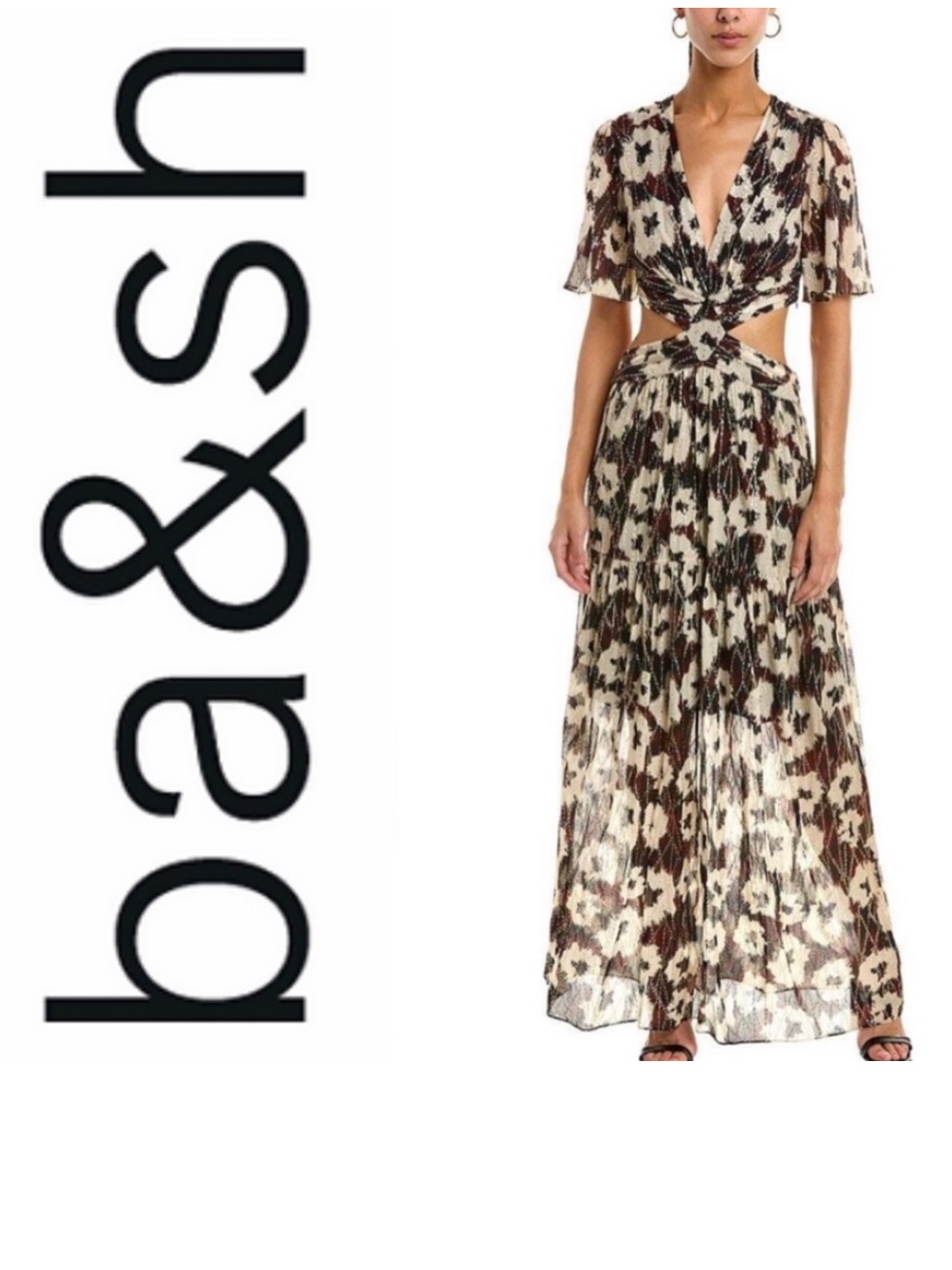 Ba&Sh Cream And Brown Printed Cutout Maxi Dress